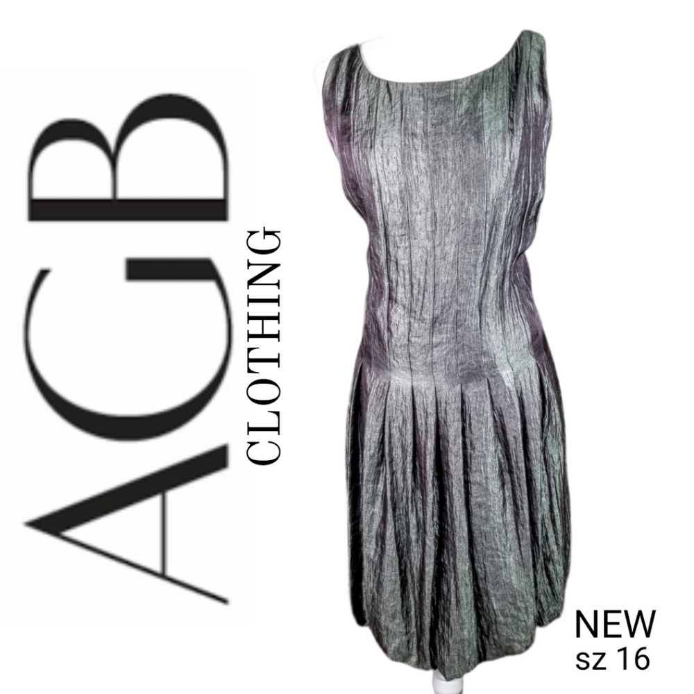 AGB Special Occasion Evening Drop Waist Crinkle Taffeta Pewter Dress NEW! sz 16